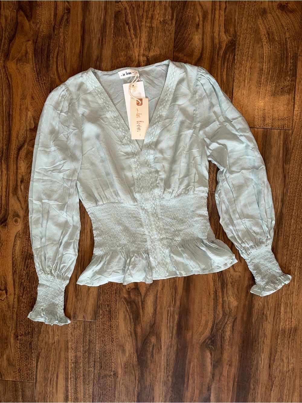 Green Smocked Long Sleeve Peplum V-Neck Blouse